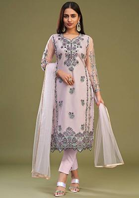 Pink Embroidered Net Kurta Set