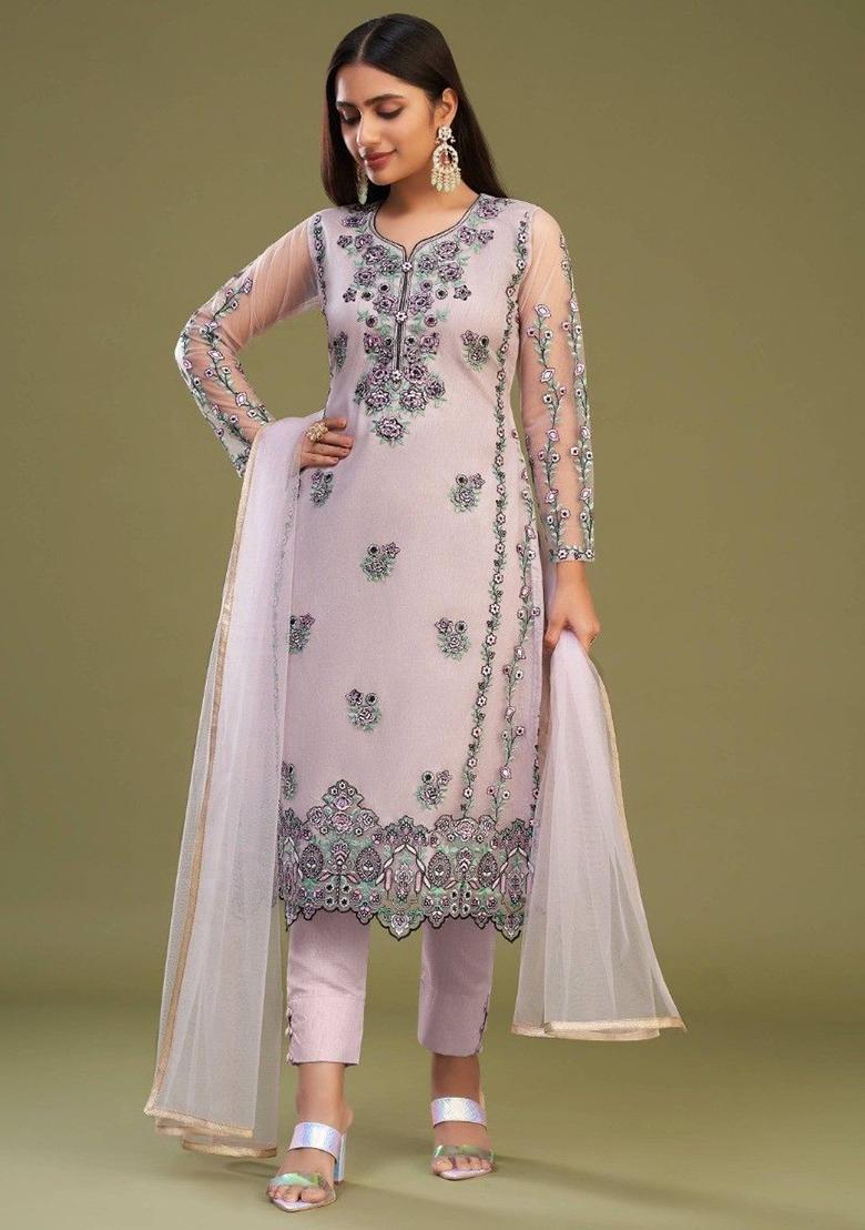 Pink Embroidered Net Kurta Set