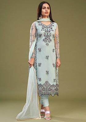 Sky Blue Embroidered Net Kurta Set
