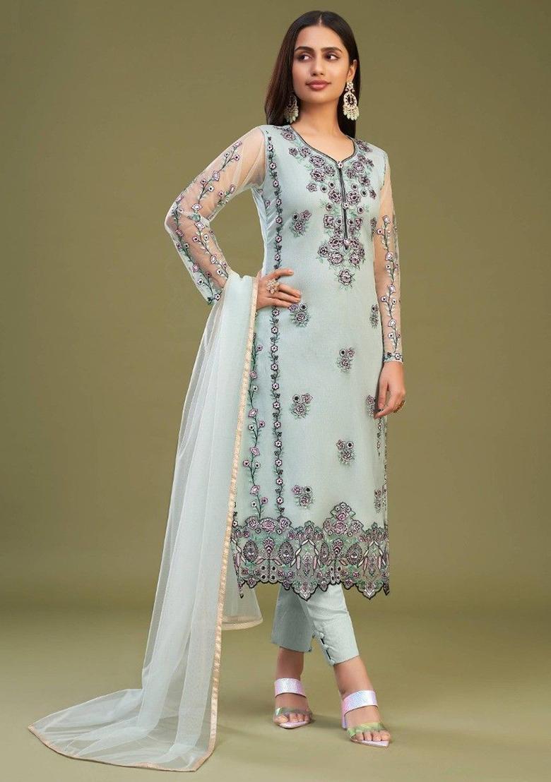 Sky Blue Embroidered Net Kurta Set