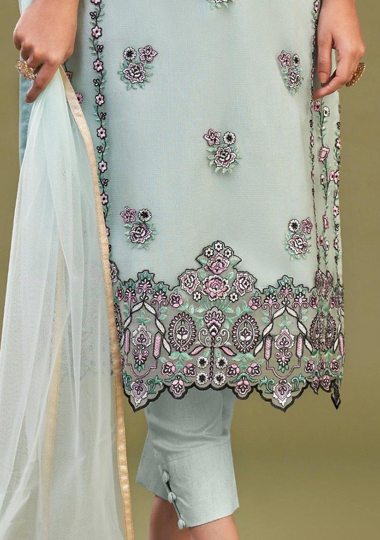 Sky Blue Embroidered Net Kurta Set