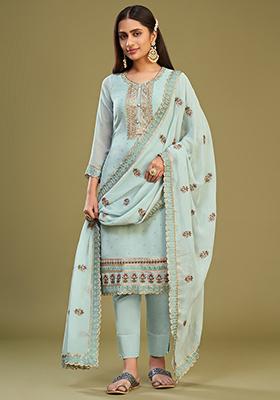 Sky Blue Embroidered Georgette Kurta Set