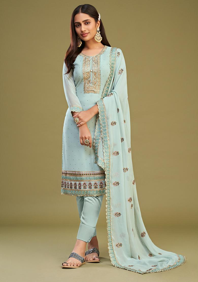 Sky Blue Embroidered Georgette Kurta Set