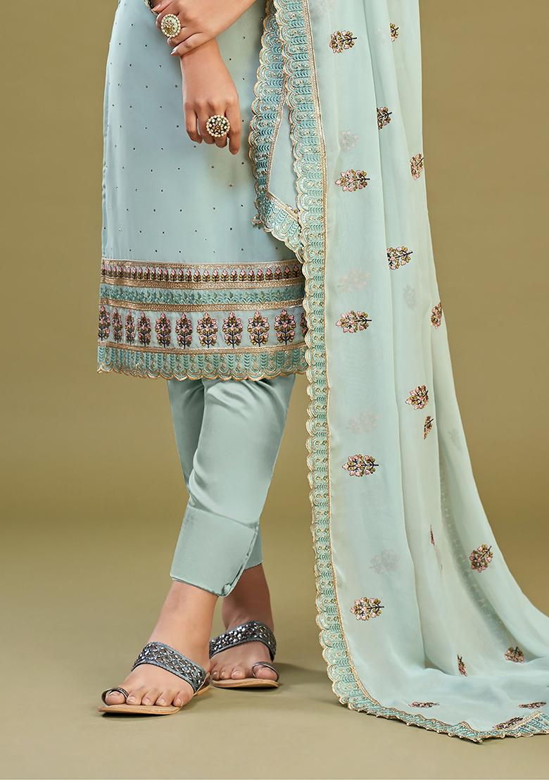Sky Blue Embroidered Georgette Kurta Set