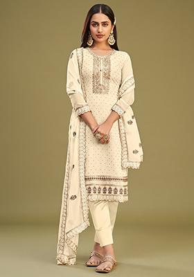Beige Embroidered Georgette Kurta Set