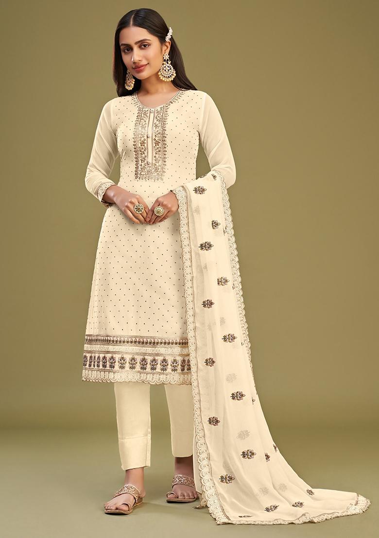 Beige Embroidered Georgette Kurta Set
