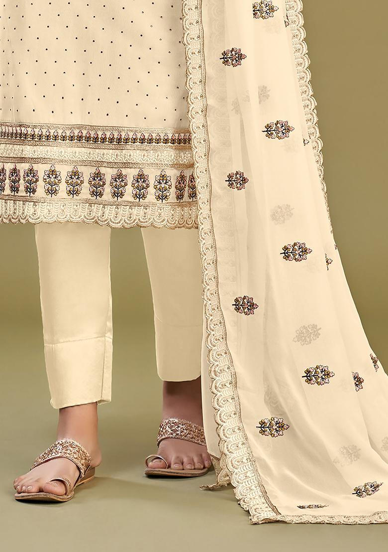 Beige Embroidered Georgette Kurta Set