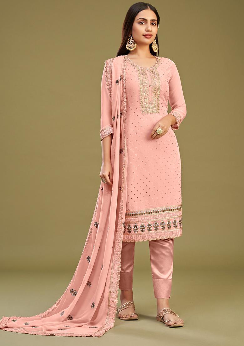 Pink Embroidered Georgette Kurta Set