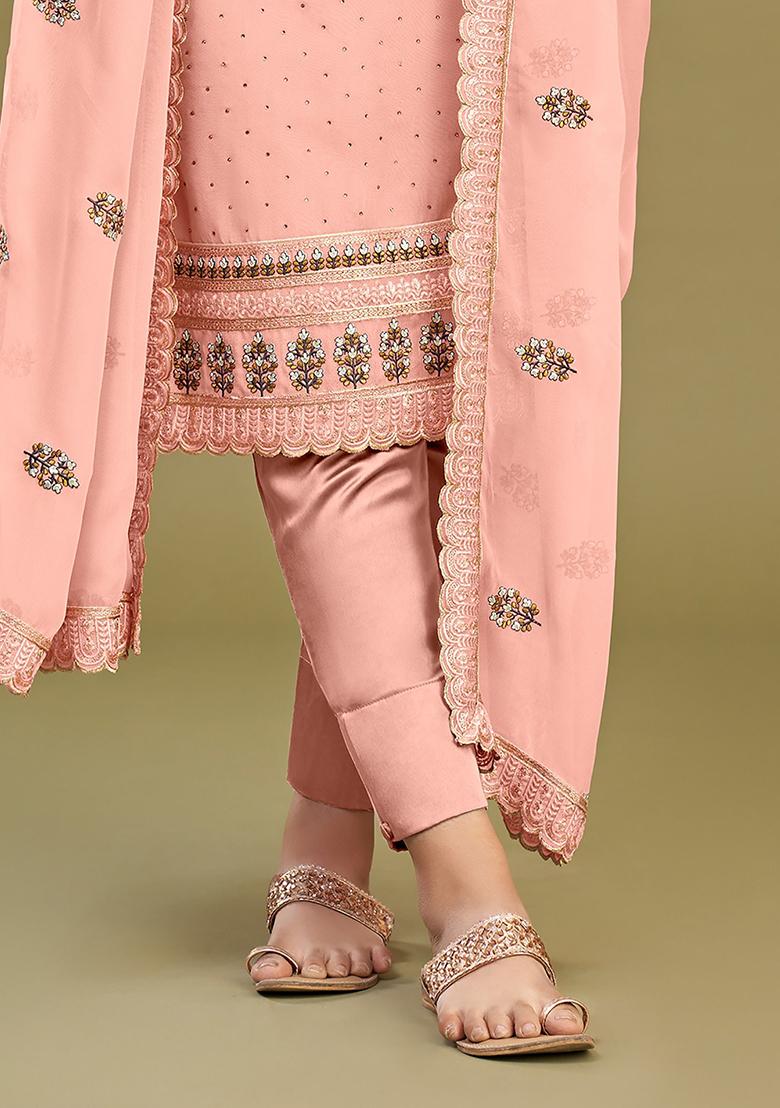 Pink Embroidered Georgette Kurta Set