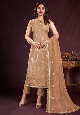 Brown Sequin Embroidered Net Kurta Set