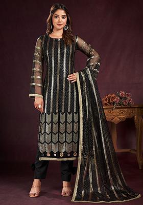 Blue Sequin Embroidered Net Kurta Set