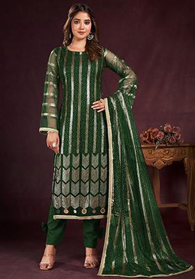 Green Sequin Embroidered Net Kurta Set