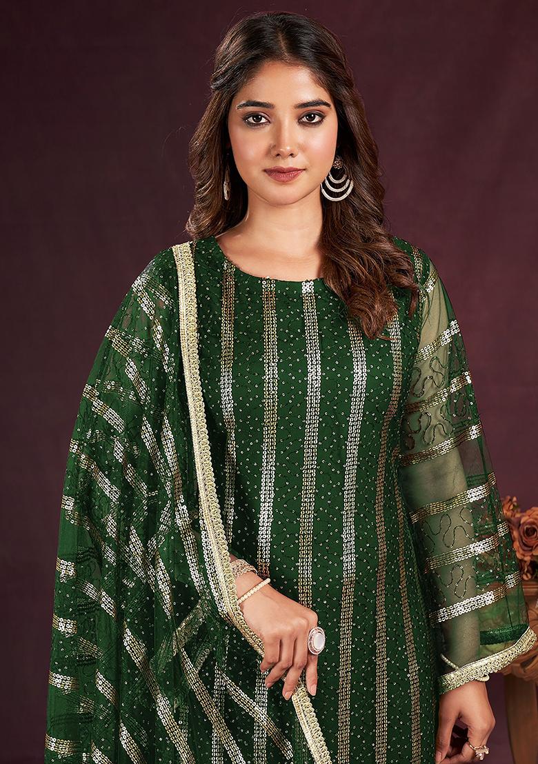 Green Sequin Embroidered Net Kurta Set