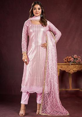 Pink Sequin Embroidered Net Kurta Set