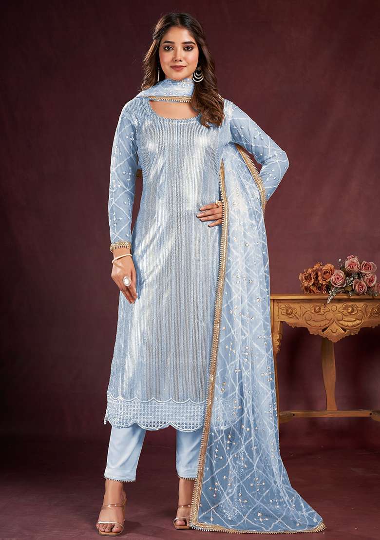 Sky Blue Sequin Embroidered Net Kurta Set - Indya