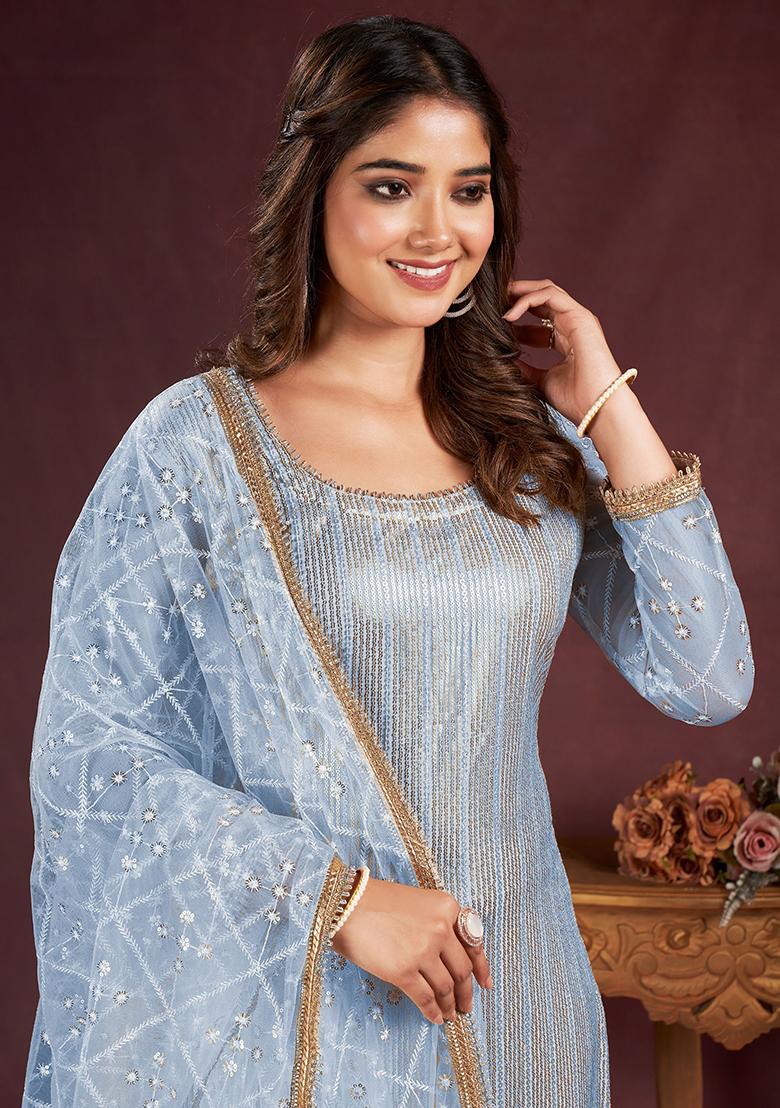 Sky Blue Sequin Embroidered Net Kurta Set