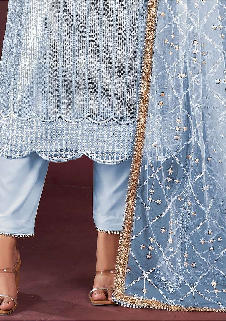 Sky Blue Sequin Embroidered Net Kurta Set - Indya