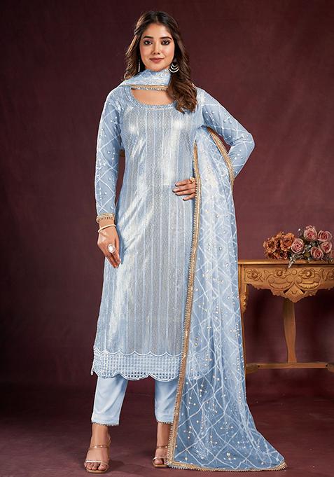 Sky Blue Sequin Embroidered Net Kurta Set