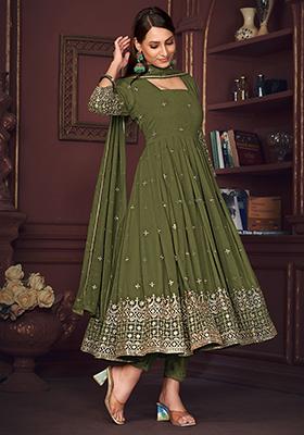 Green Embroidered Georgette Kurta Set