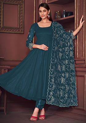 Blue Embroidered Georgette Kurta Set