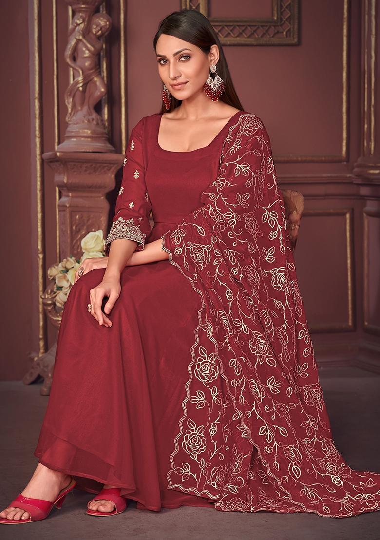 Maroon Embroidered Georgette Kurta Set