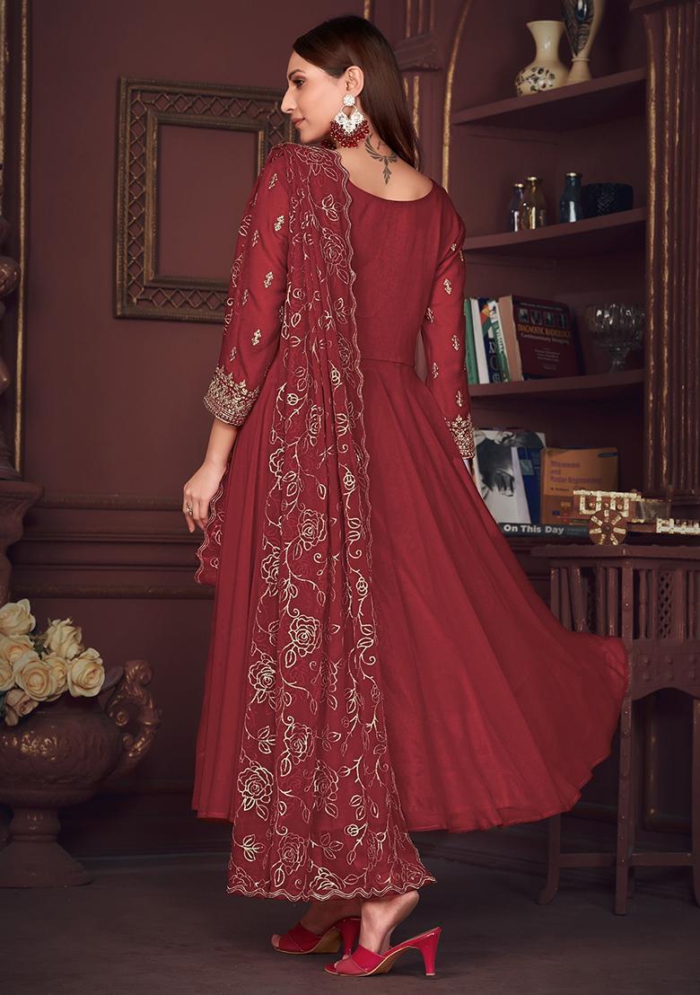 Maroon Embroidered Georgette Kurta Set