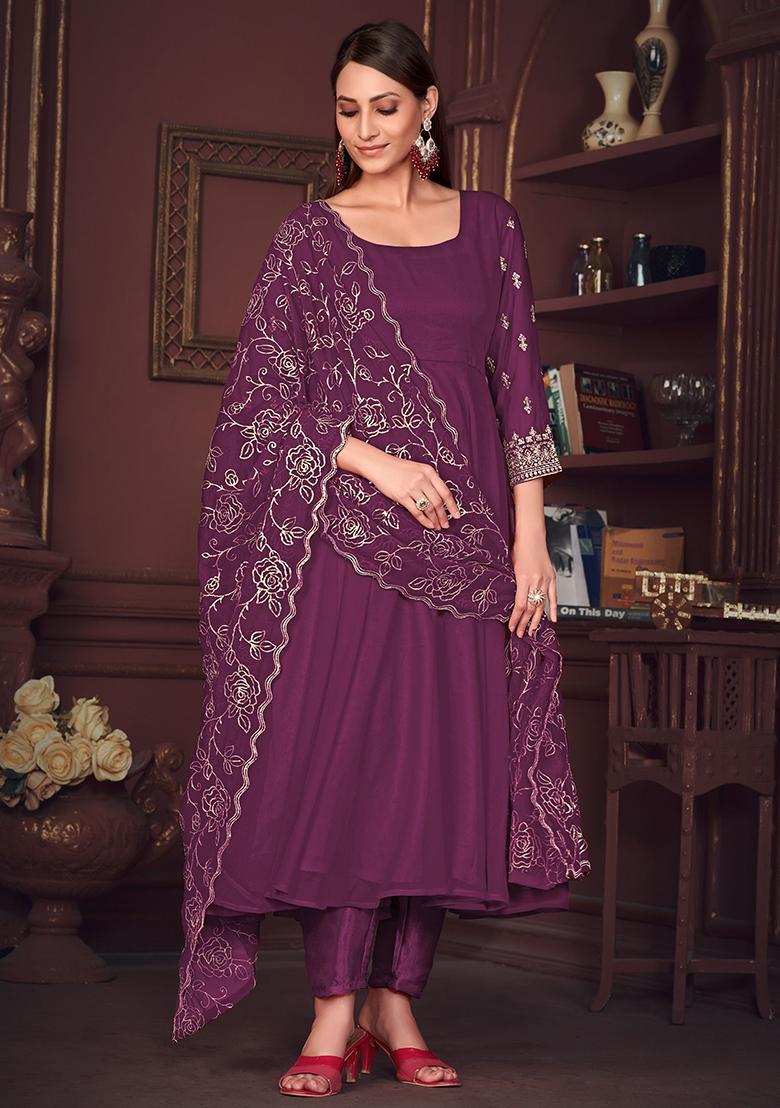 Purple Embroidered Georgette Kurta Set