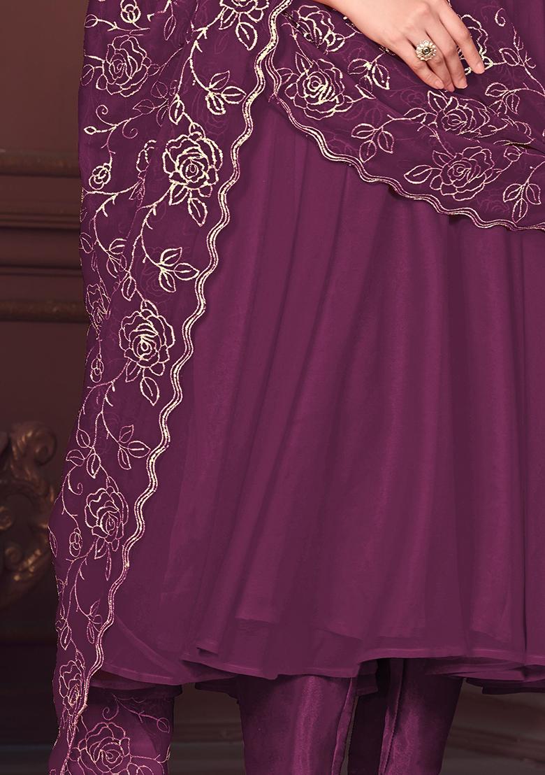 Purple Embroidered Georgette Kurta Set