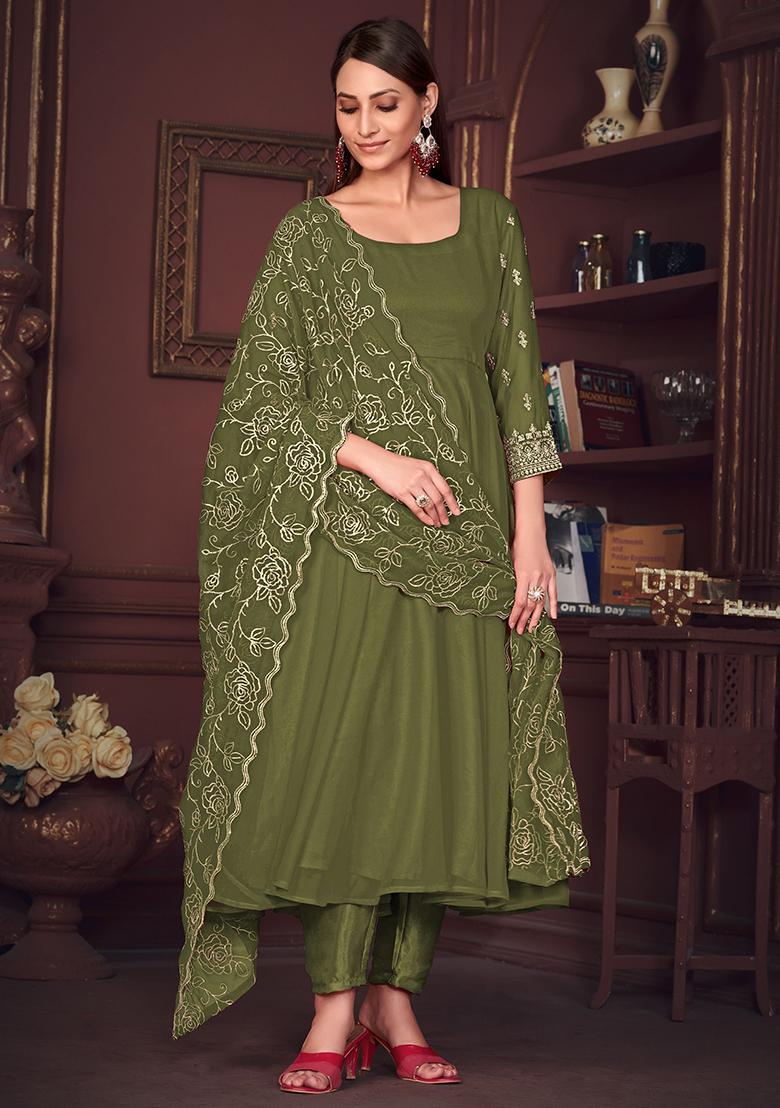 Green Embroidered Georgette Kurta Set