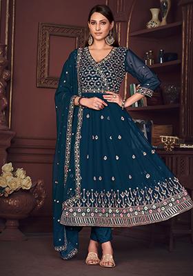 Blue Embroidered Georgette Kurta Set
