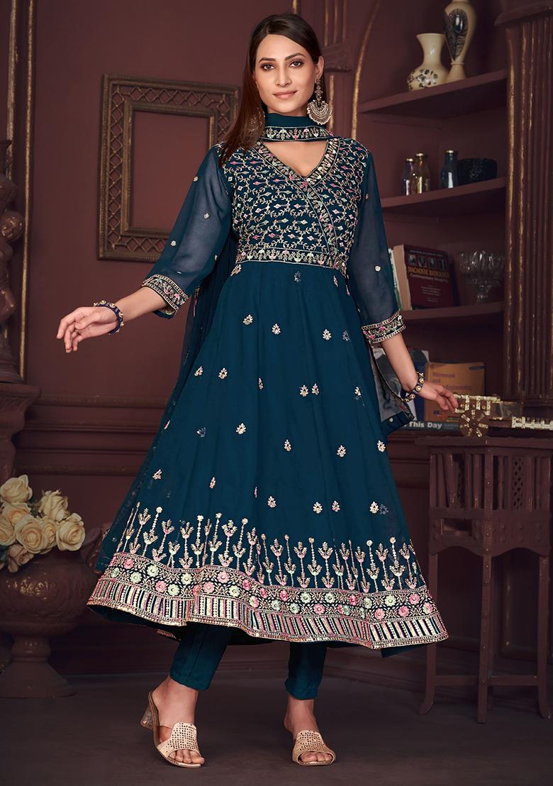 Blue Embroidered Georgette Kurta Set