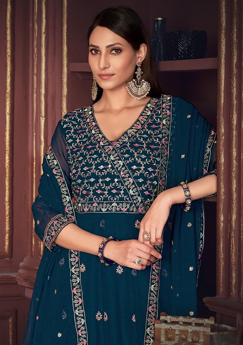 Blue Embroidered Georgette Kurta Set