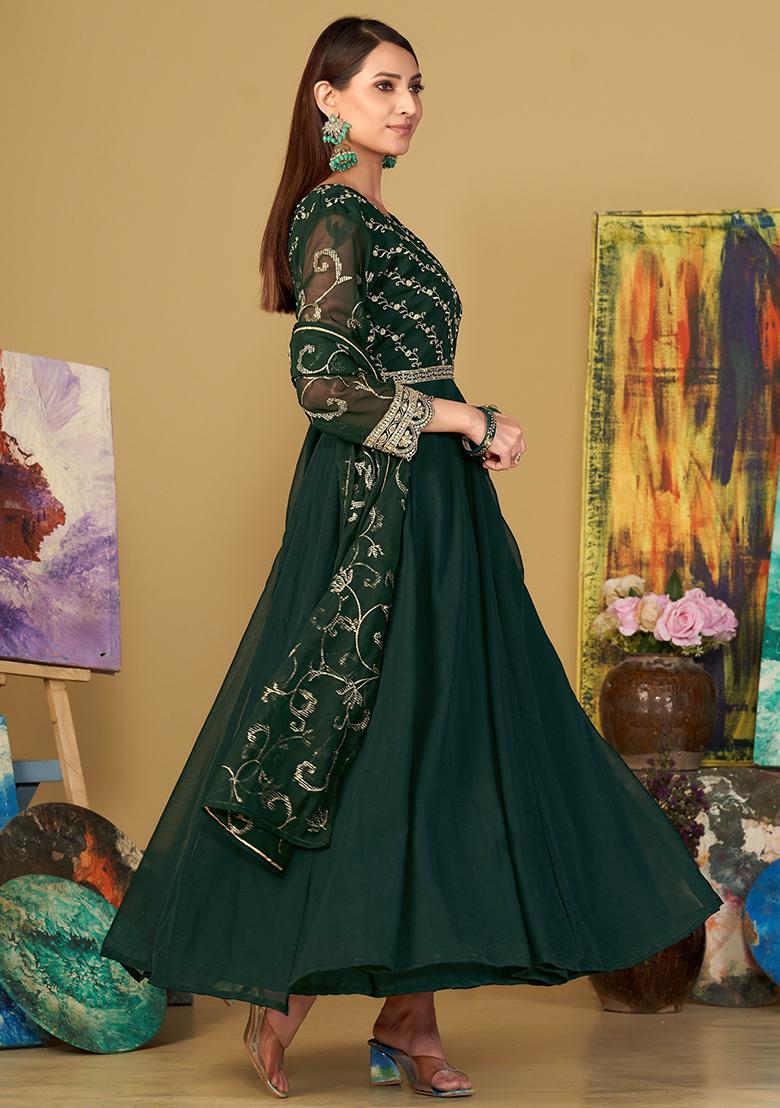 Green Embroidered Georgette Kurta Set