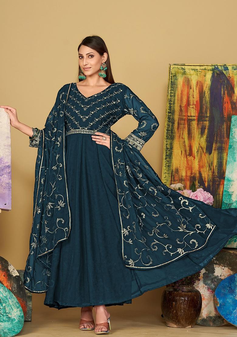 Blue Embroidered Georgette Kurta Set