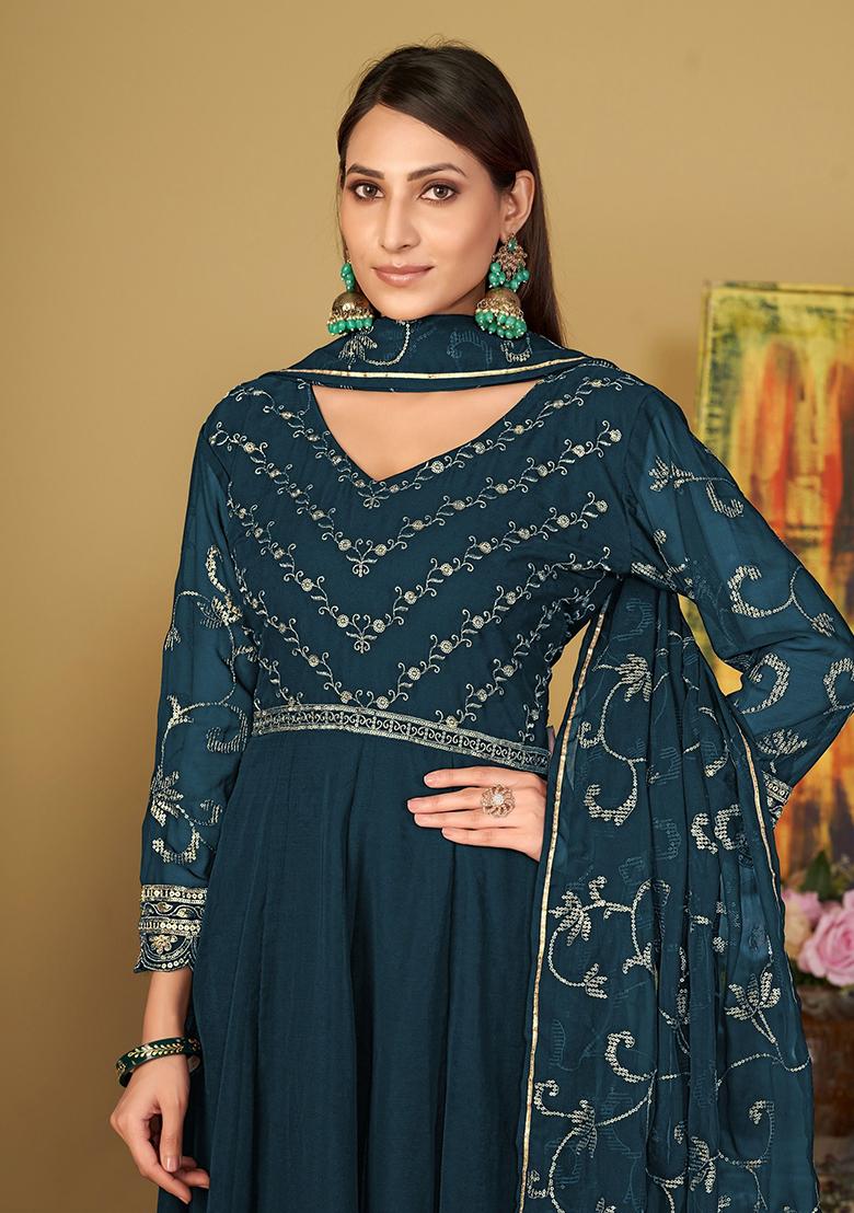 Blue Embroidered Georgette Kurta Set