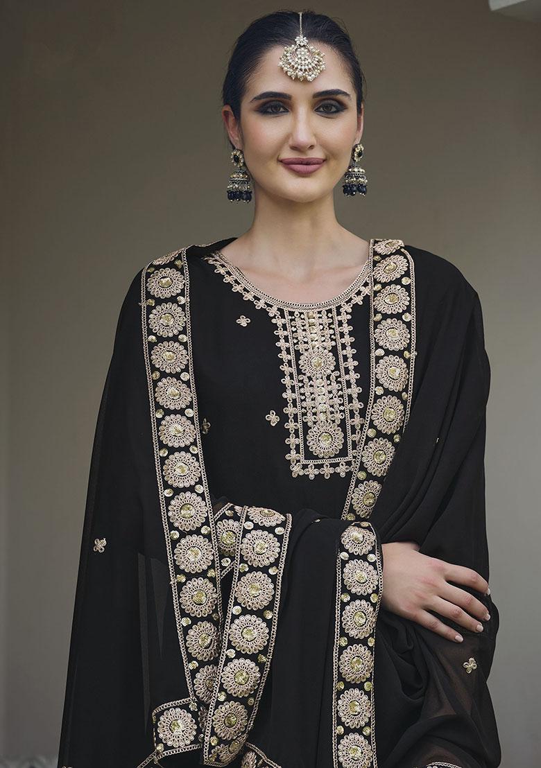 Black Embroidered Georgette Kurta Set