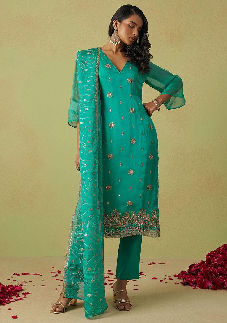 Green Sequin Embroidered Organza Kurta Set