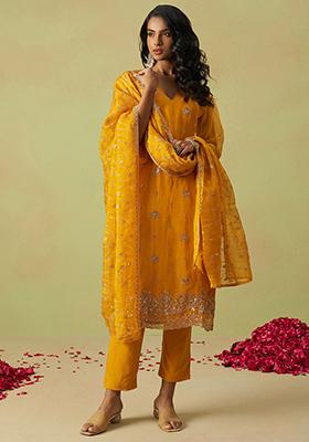 Yellow Sequin Embroidered Organza Kurta Set
