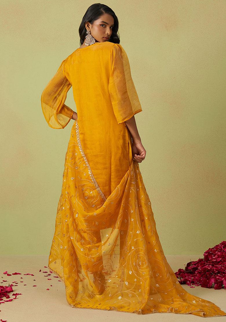 Yellow Sequin Embroidered Organza Kurta Set
