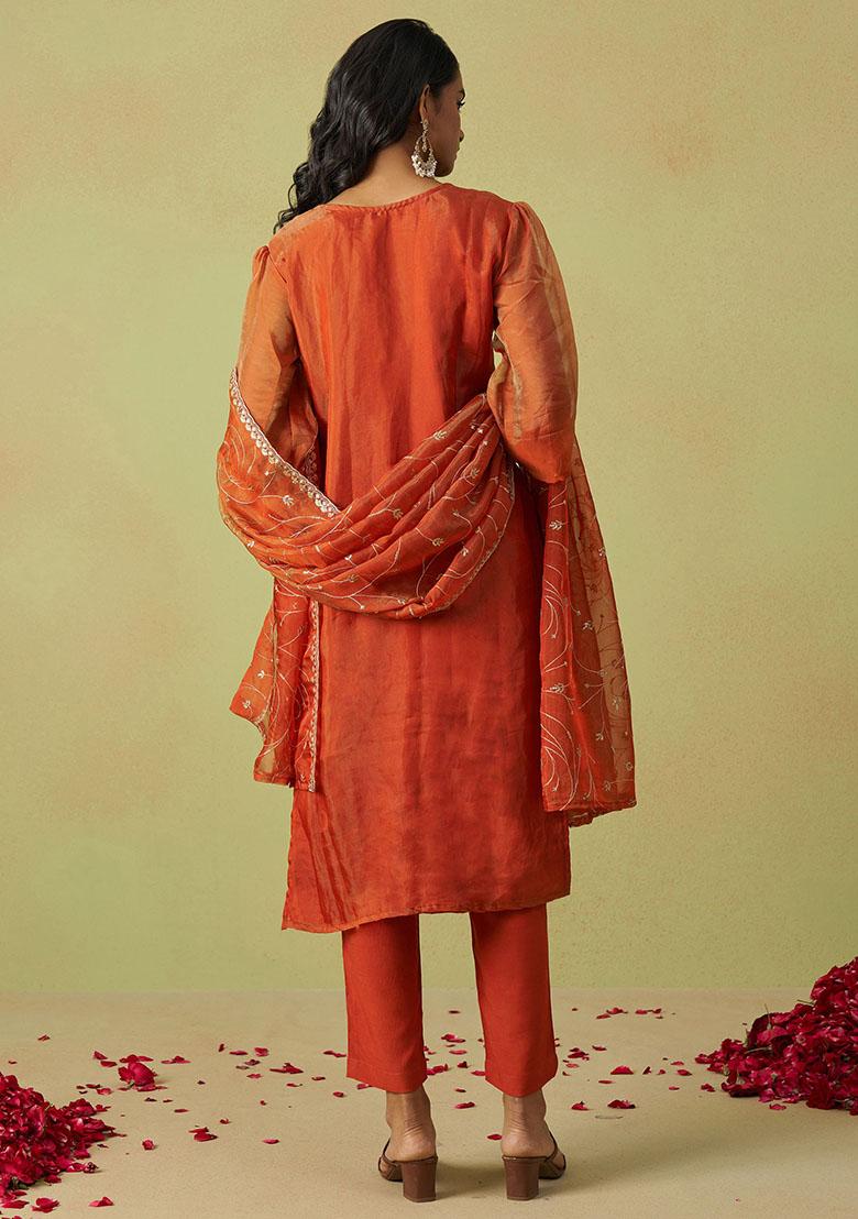 Orange Sequin Embroidered Organza Kurta Set