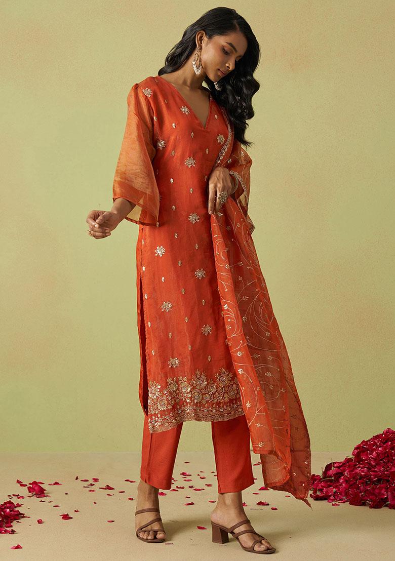 Orange Sequin Embroidered Organza Kurta Set
