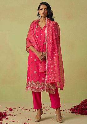 Pink Sequin Embroidered Organza Kurta Set