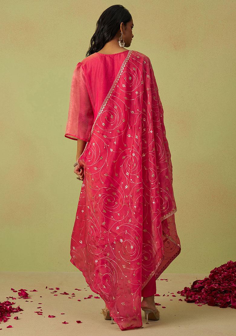 Pink Sequin Embroidered Organza Kurta Set