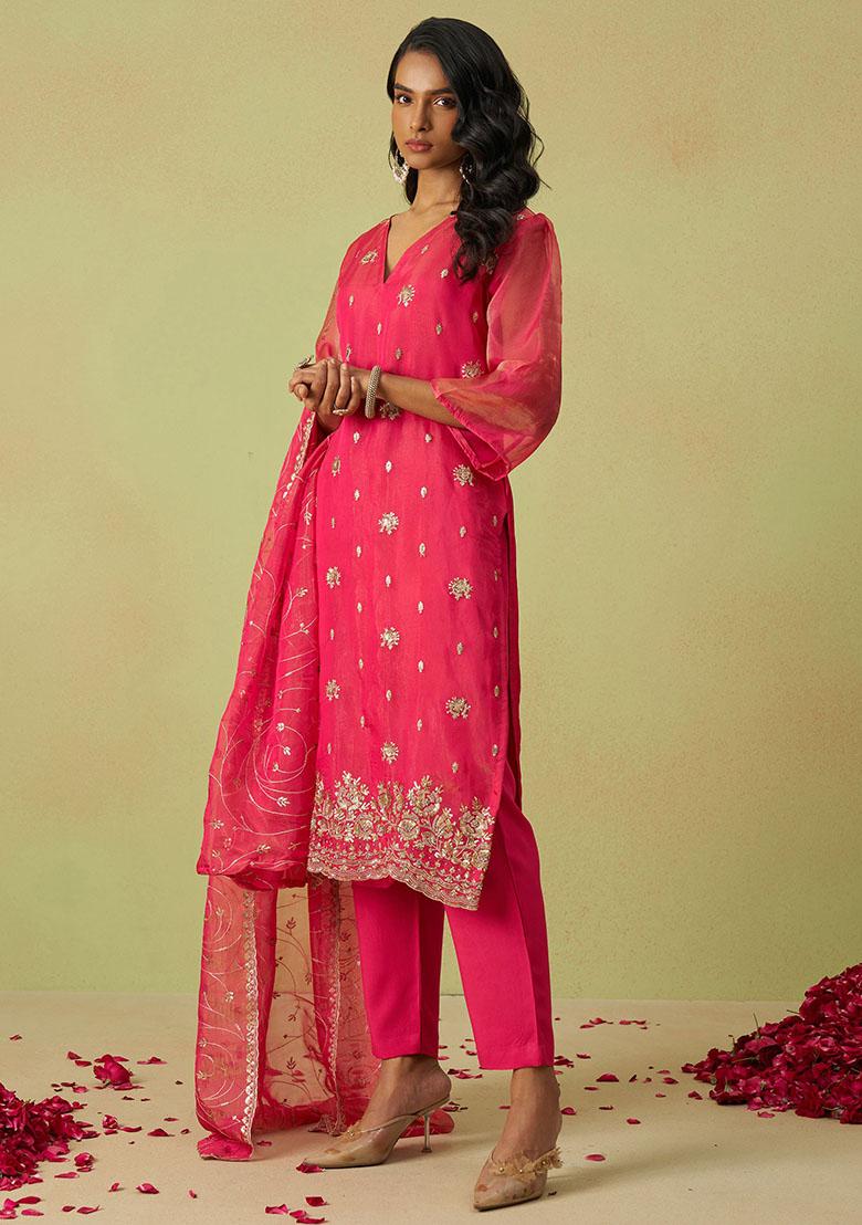 Pink Sequin Embroidered Organza Kurta Set