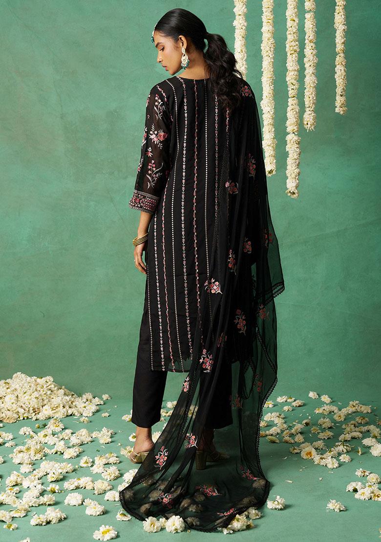 Black Embroidered Organza Kurta Set