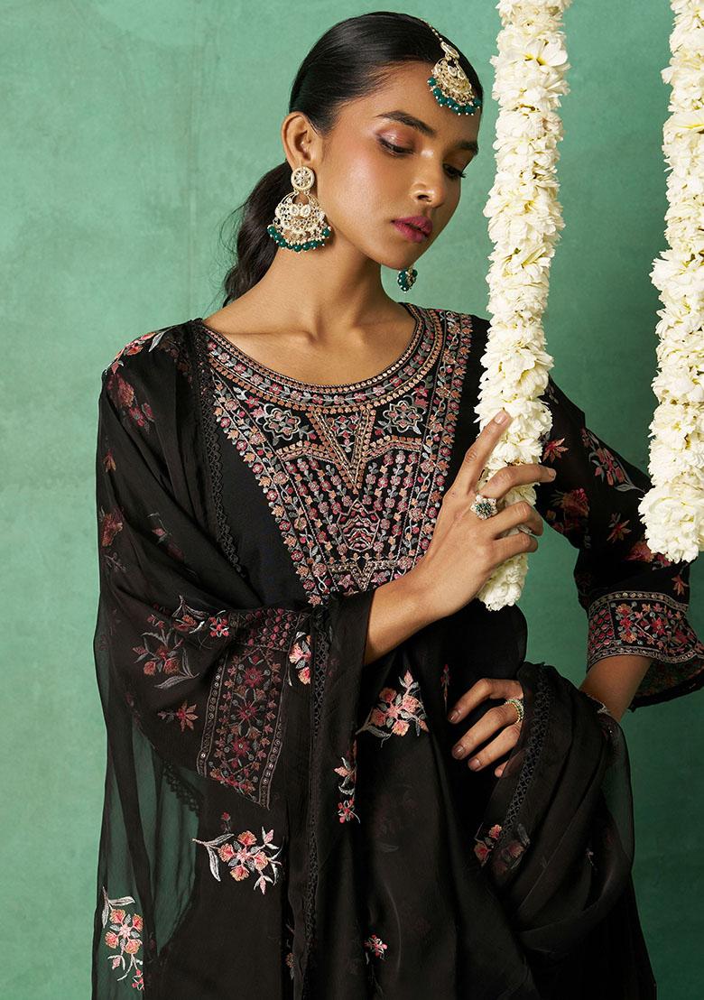 Black Embroidered Organza Kurta Set