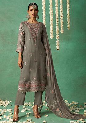 Grey Embroidered Organza Kurta Set