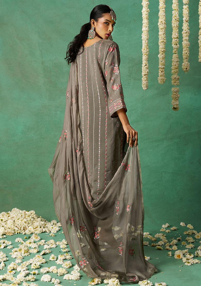 Grey Embroidered Organza Kurta Set