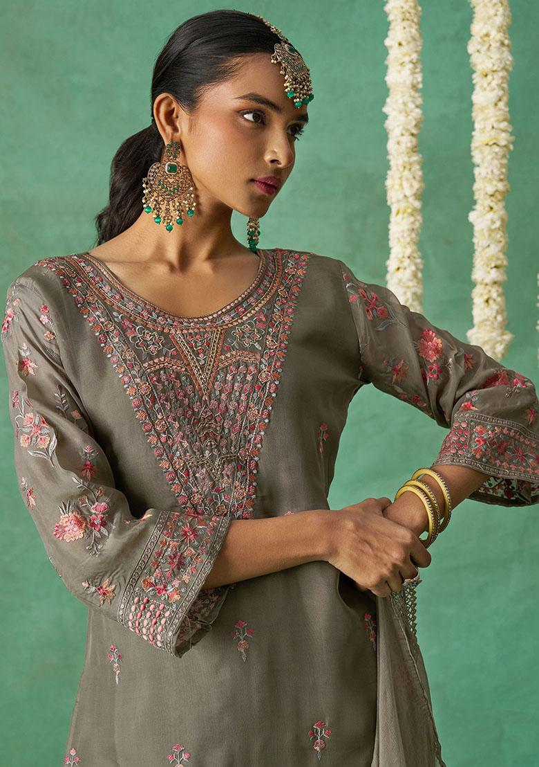 Grey Embroidered Organza Kurta Set