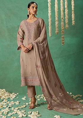 Beige Embroidered Organza Kurta Set